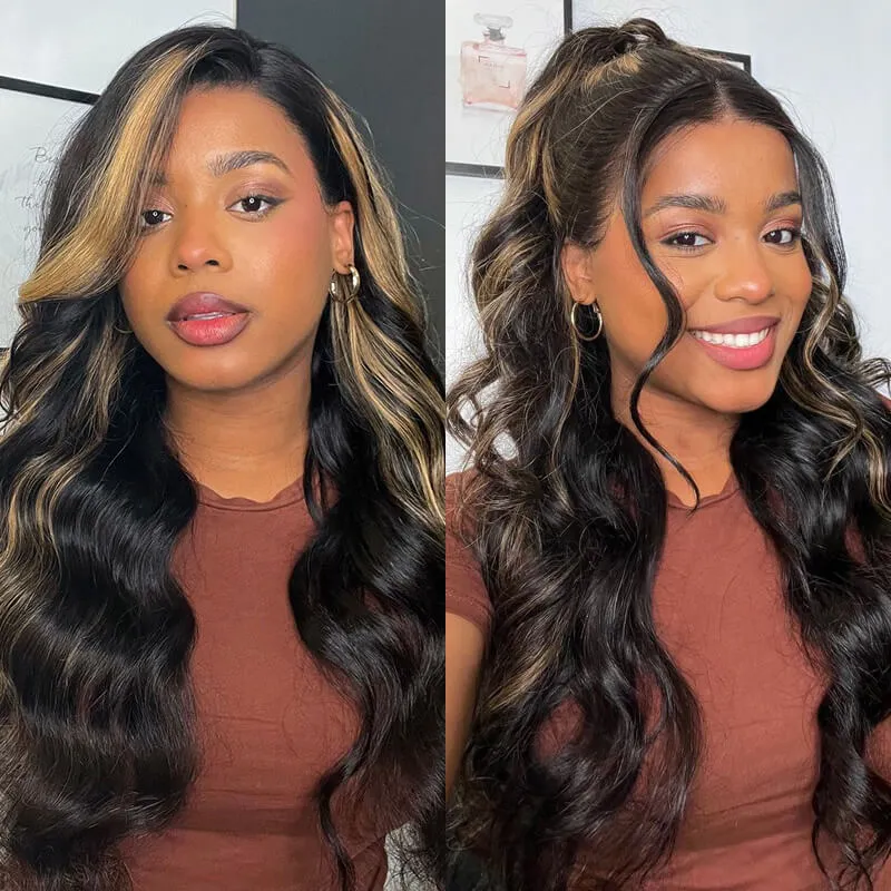 Natural Black With #30 Highlight Color Body Wave Glueless 6x5 Pre-Cut Lace/13x4 Lace Front Human Hair Wig