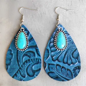 Navy Polystyrene & Turquoise Floral Embossed Drop Earrings