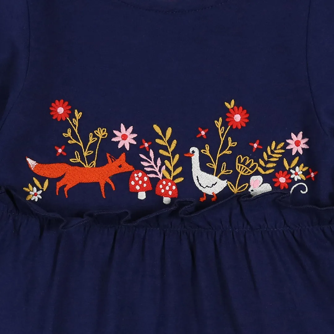 Navy Woodland Animal Embroidered Dress