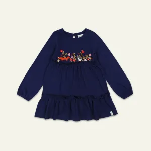 Navy Woodland Animal Embroidered Dress