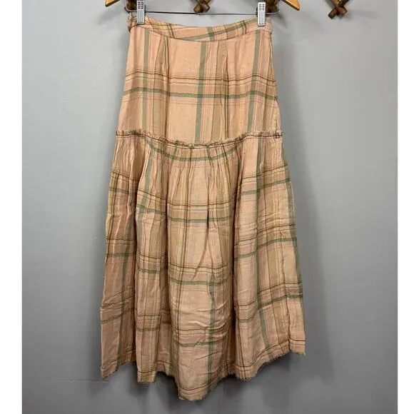 New Free People Plaid Fever Midi Skirt in Soft Peach Women's Size 0