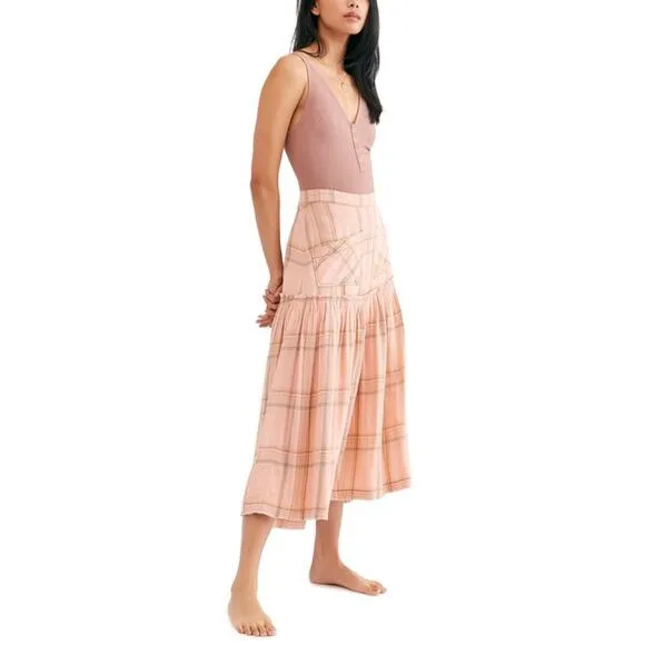 New Free People Plaid Fever Midi Skirt in Soft Peach Women's Size 0