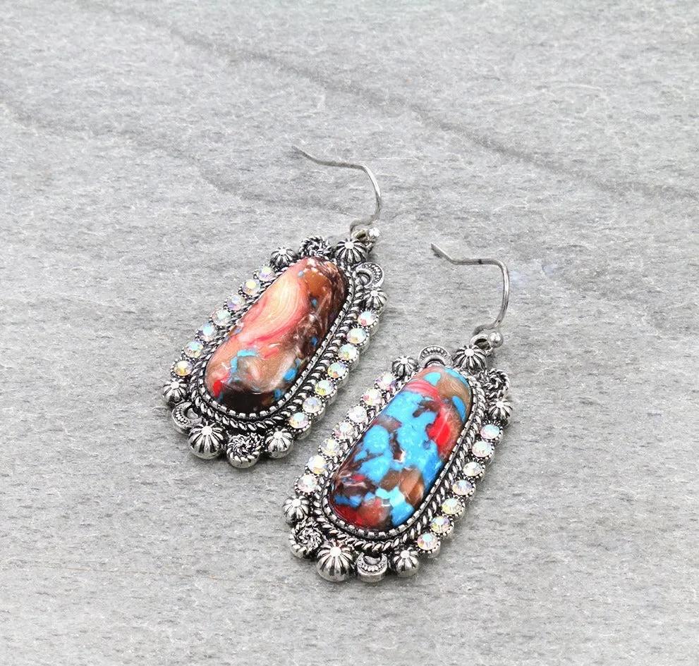 Nina Fashion Oval Stone Burst & Rhinestone Earrings