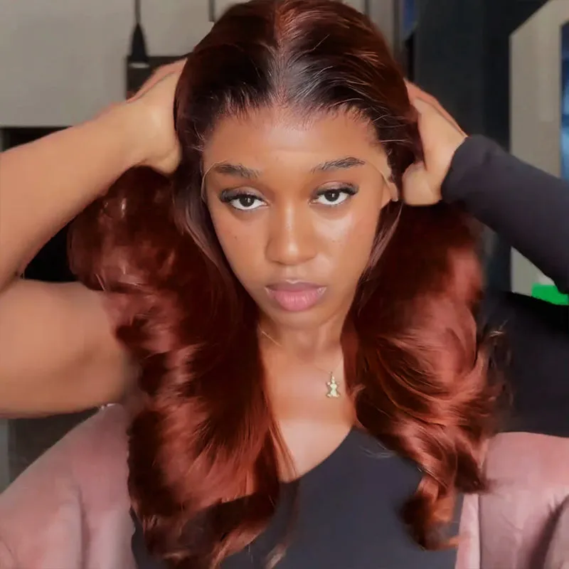 Ombre Brown Wig with Reddish Brown Loose Body Wave Glueless 6-Inch Deep Lace Middle Part Human Hair