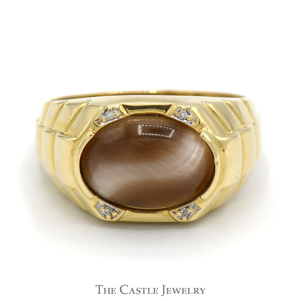 Oval Cabochon Brown Cat's Eye Ring with Diamond Accents and Ridged Sides in 10k Yellow Gold
