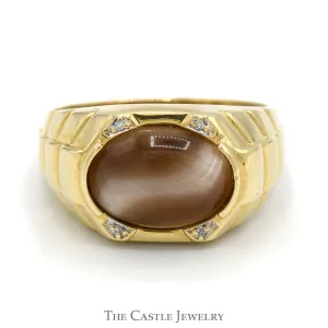 Oval Cabochon Brown Cat's Eye Ring with Diamond Accents and Ridged Sides in 10k Yellow Gold