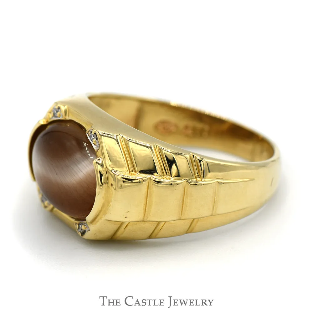 Oval Cabochon Brown Cat's Eye Ring with Diamond Accents and Ridged Sides in 10k Yellow Gold