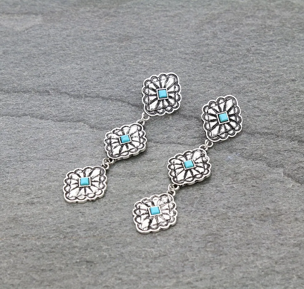 Overland Tri-Level Diamond Concho Earrings - 3.5"
