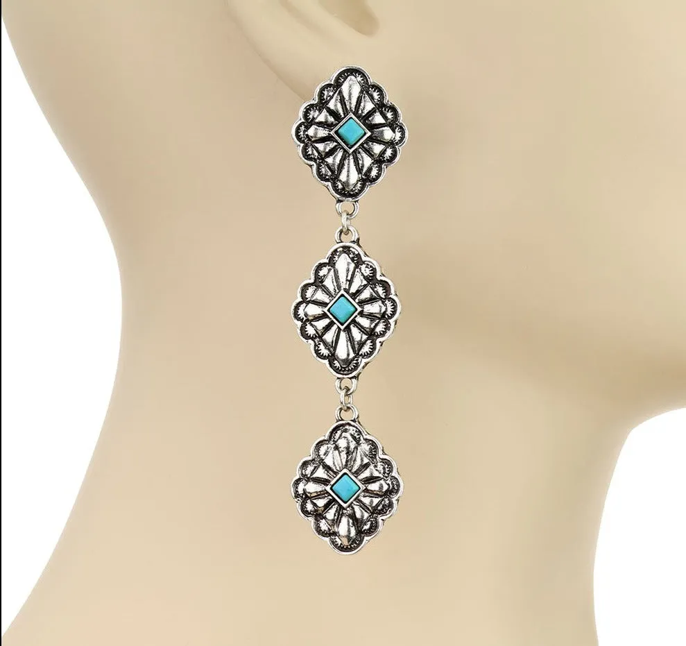 Overland Tri-Level Diamond Concho Earrings - 3.5"
