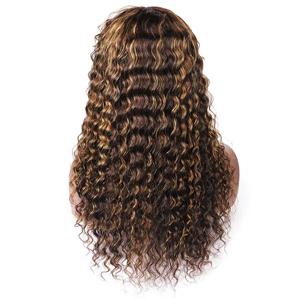 P4/27 Piano Highlights Color Wig With Bangs Deep Wave Curly Non-Lace Machine Made Colored Wig