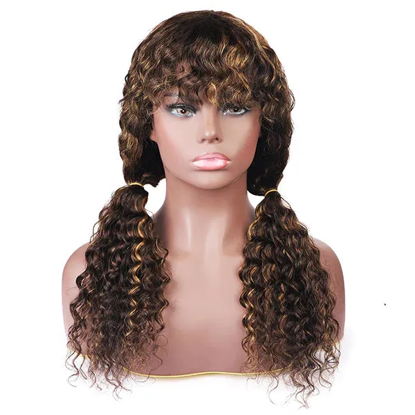 P4/27 Piano Highlights Color Wig With Bangs Deep Wave Curly Non-Lace Machine Made Colored Wig