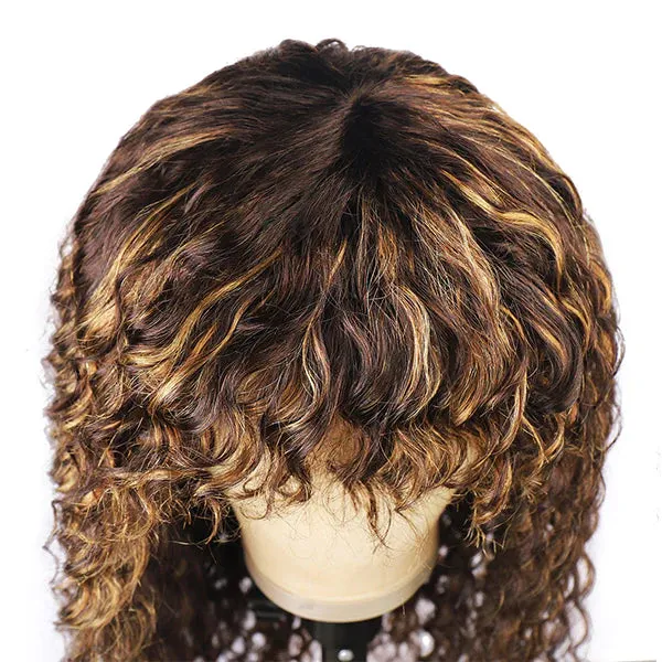 P4/27 Piano Highlights Color Wig With Bangs Deep Wave Curly Non-Lace Machine Made Colored Wig