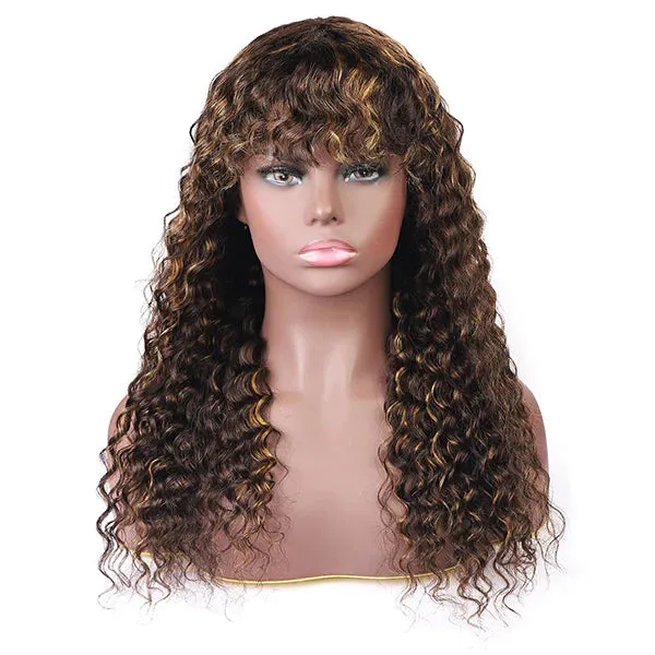 P4/27 Piano Highlights Color Wig With Bangs Deep Wave Curly Non-Lace Machine Made Colored Wig