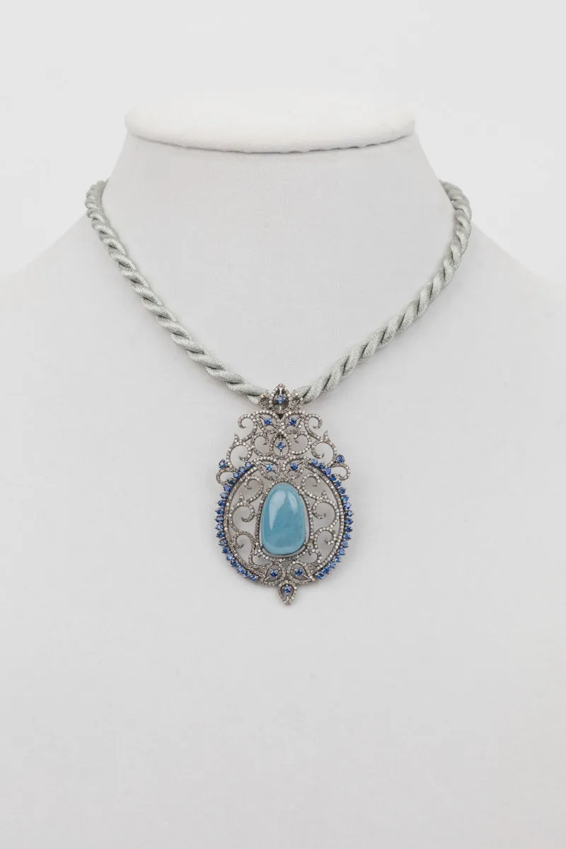 Pave diamond, sapphire, aquamarine pendant