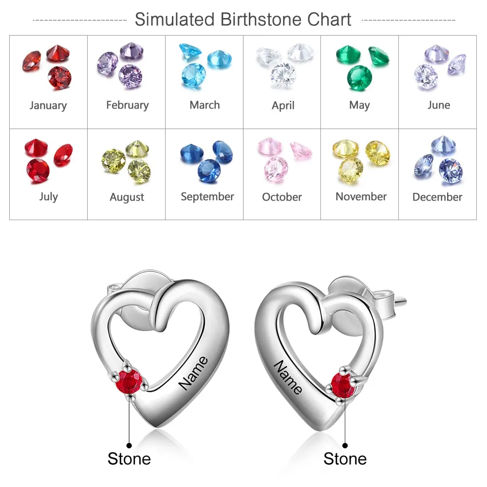 Personalized 1 Name And 1 Stone Engraved Heart-Shape Stud Earrings
