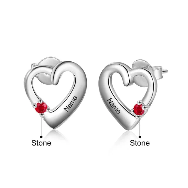 Personalized 1 Name And 1 Stone Engraved Heart-Shape Stud Earrings