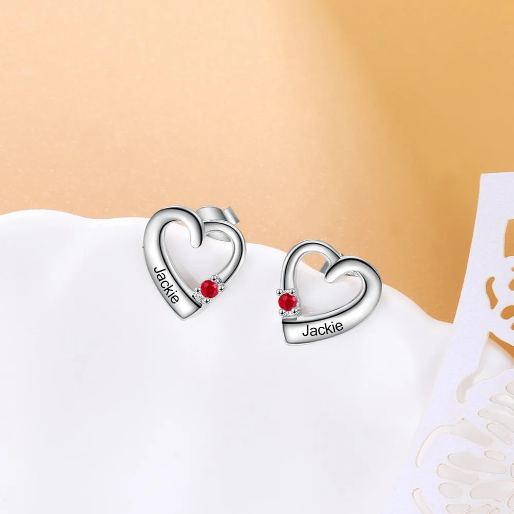 Personalized 1 Name And 1 Stone Engraved Heart-Shape Stud Earrings