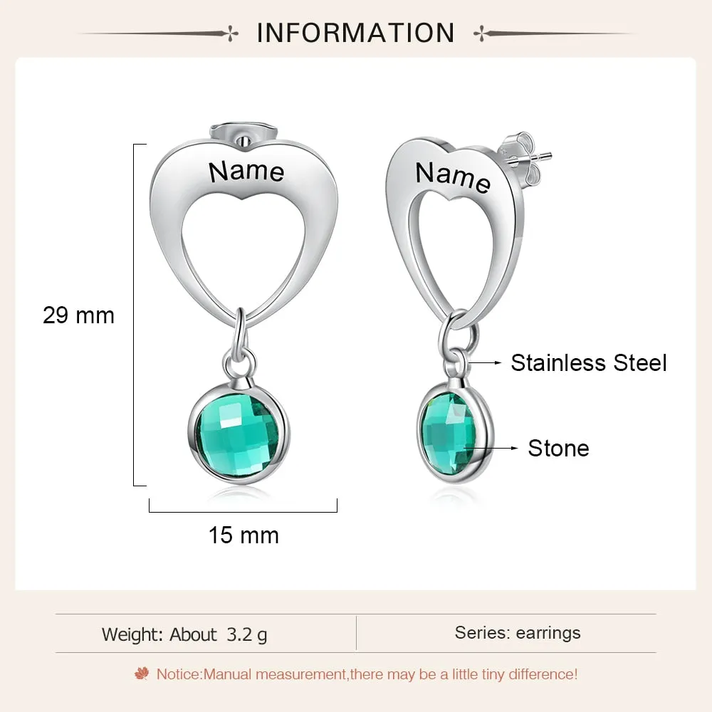 Personalized 2 Birthstones Heart-Drop Earrings For Women