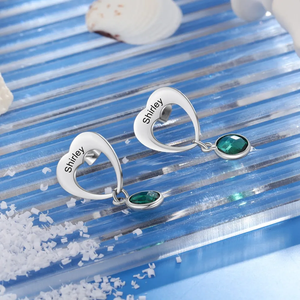 Personalized 2 Birthstones Heart-Drop Earrings For Women