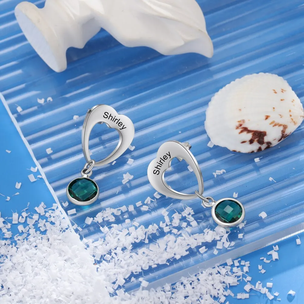 Personalized 2 Birthstones Heart-Drop Earrings For Women