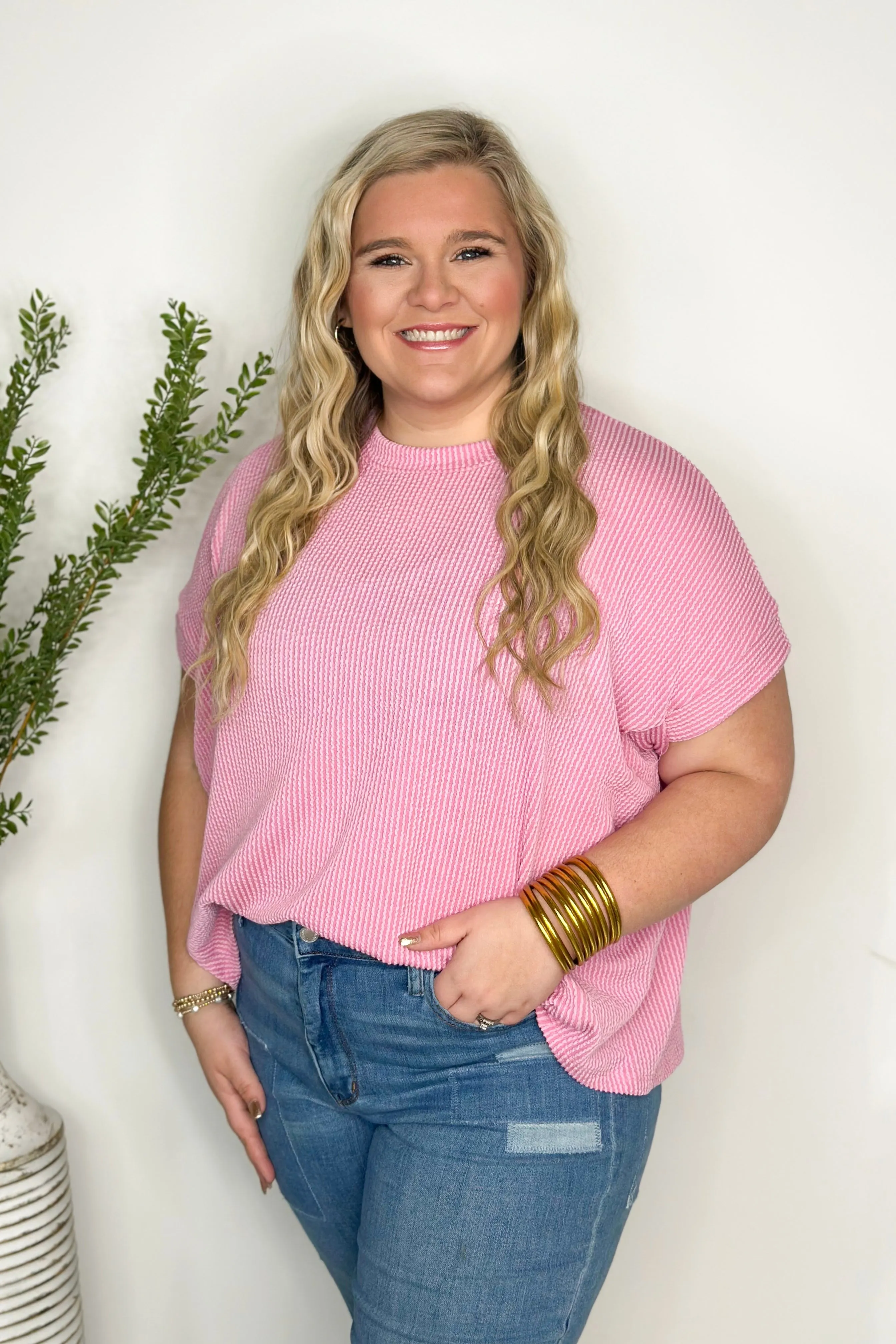 Pink Short Sleeve Ribbed Top