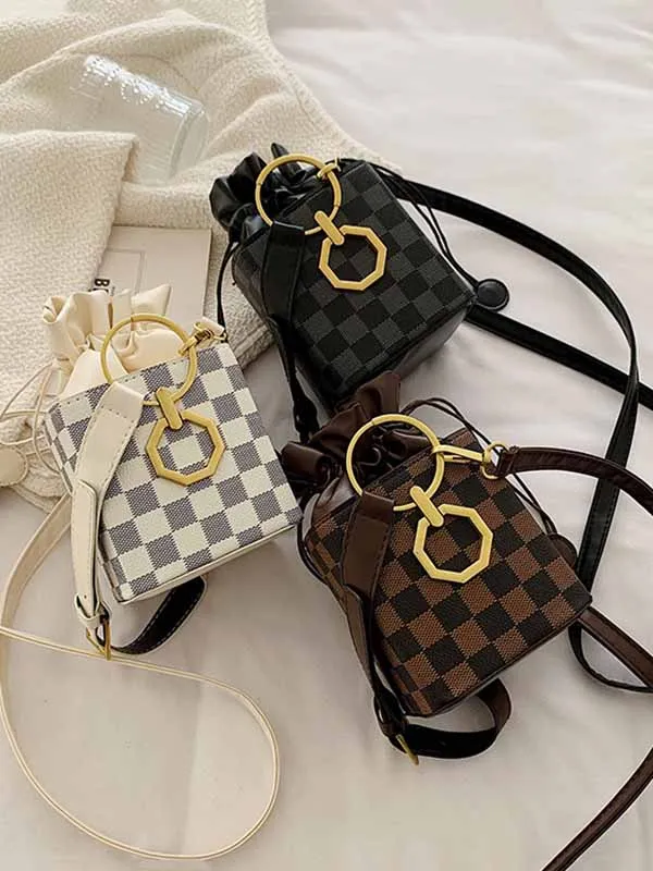 Plaid Drawstring Bucket Bag