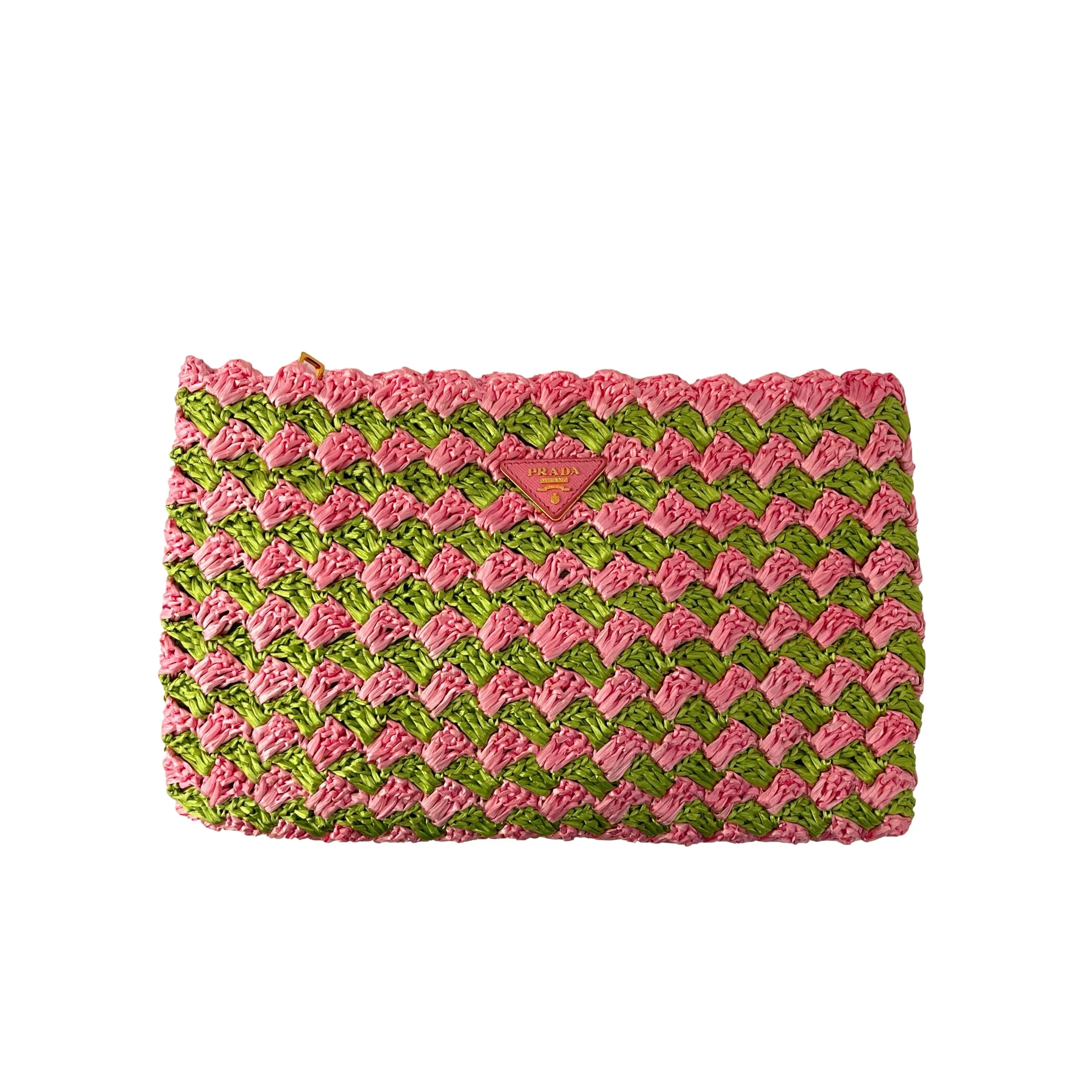 Prada Pink Raffia Woven Clutch