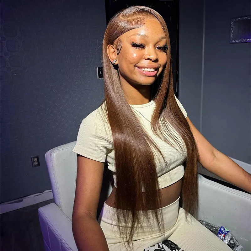Pre-Cut 6x5 Glueless Lace Straight #4 Chestnut Brown Colored Wig Pre-Plucked Human Hair Wigs