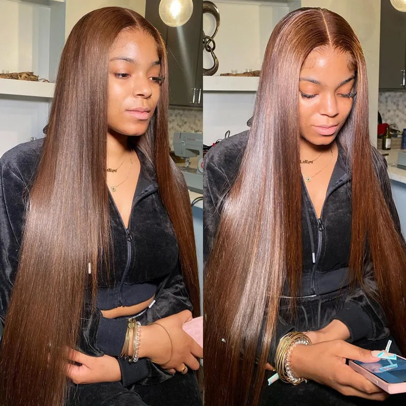 Pre-Cut 6x5 Glueless Lace Straight #4 Chestnut Brown Colored Wig Pre-Plucked Human Hair Wigs