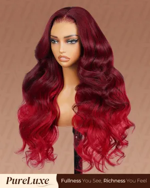 Pure-Luxe™ Red Burgundy Highlight Colored Body Wave Easy Wear Glueless 13x6 Ultra-Dense Human Hair Wig Pre-Cut Lace