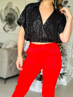"Christy" Sequins Short Sleeve Crop Top