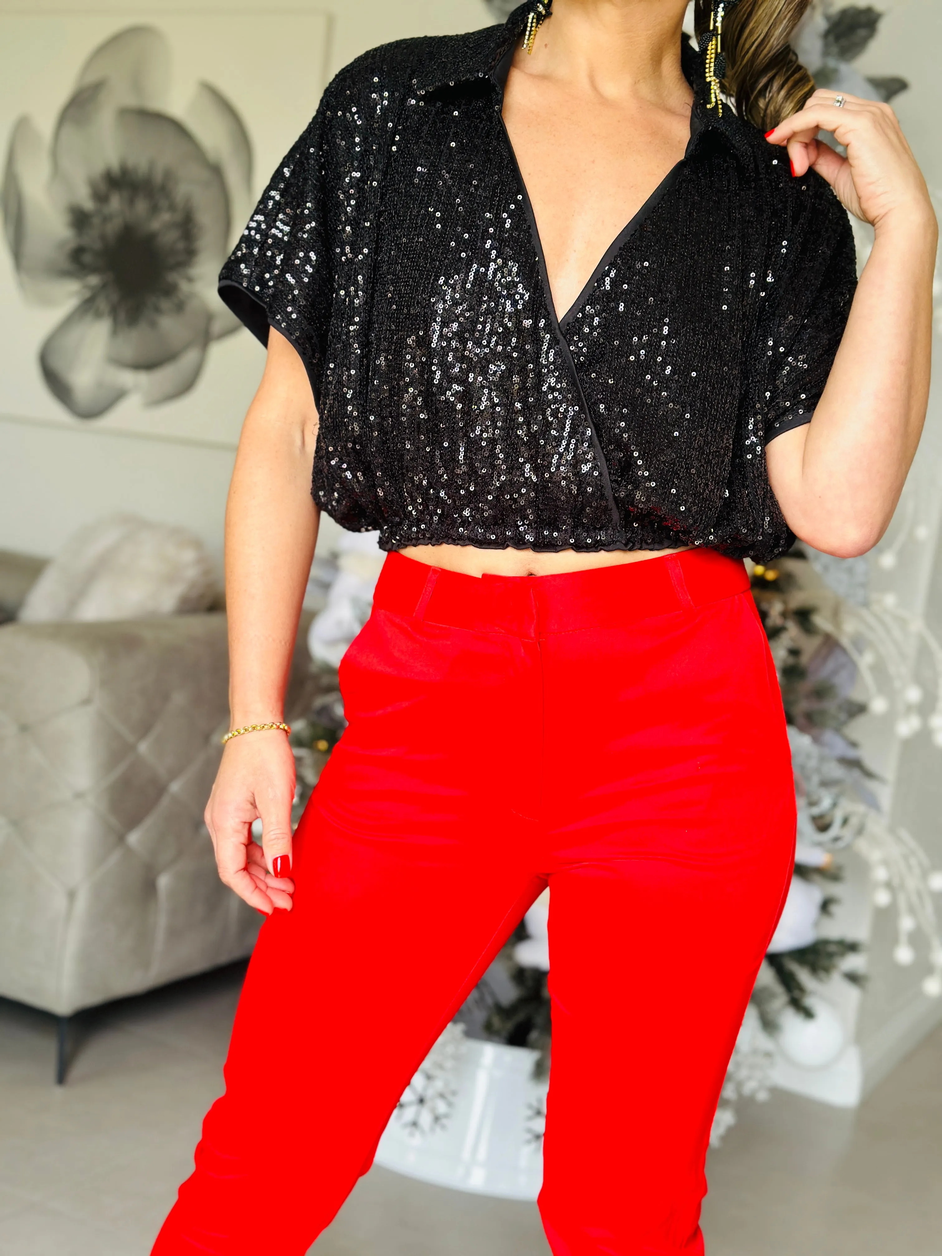 "Christy" Sequins Short Sleeve Crop Top