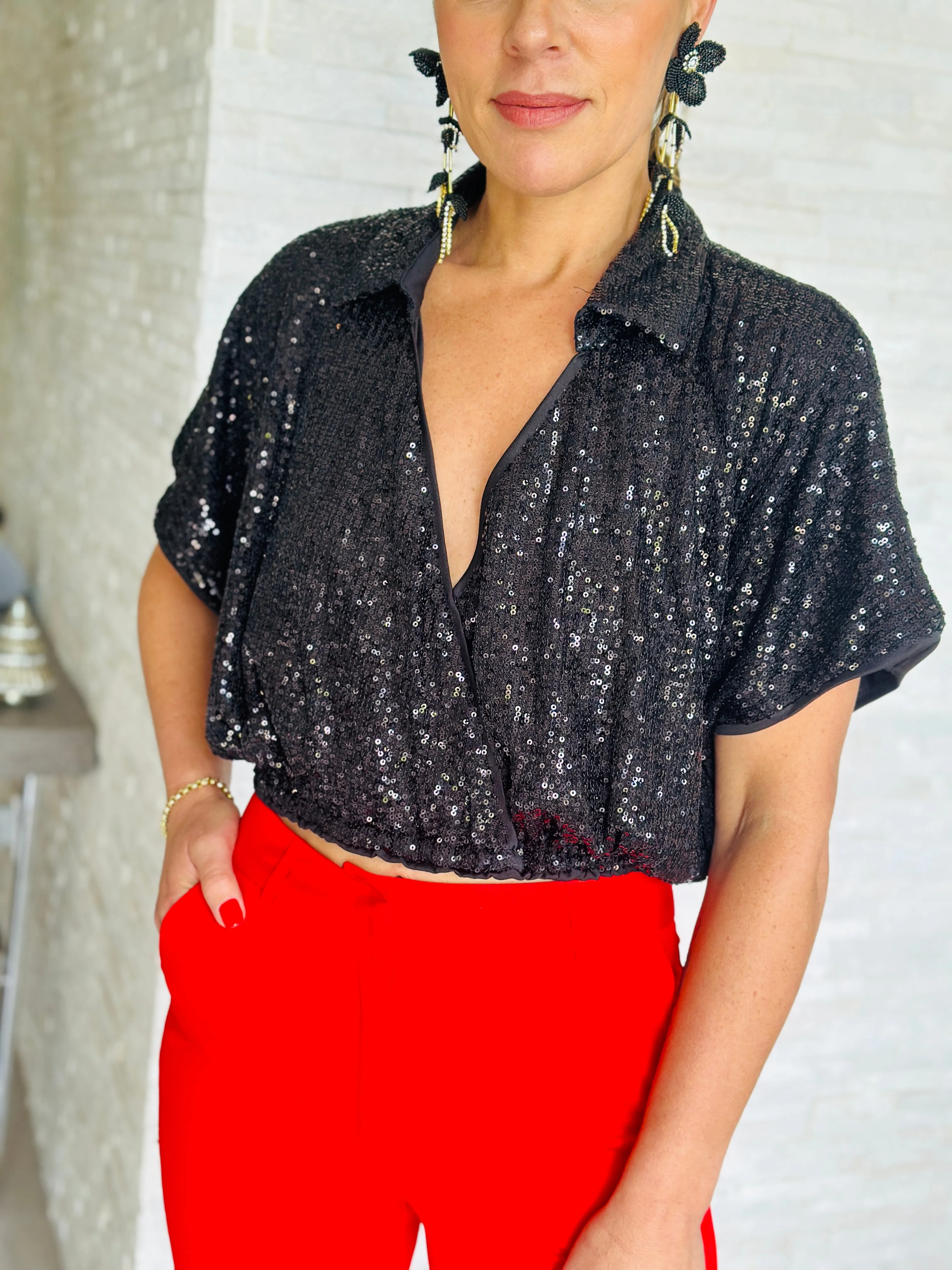"Christy" Sequins Short Sleeve Crop Top