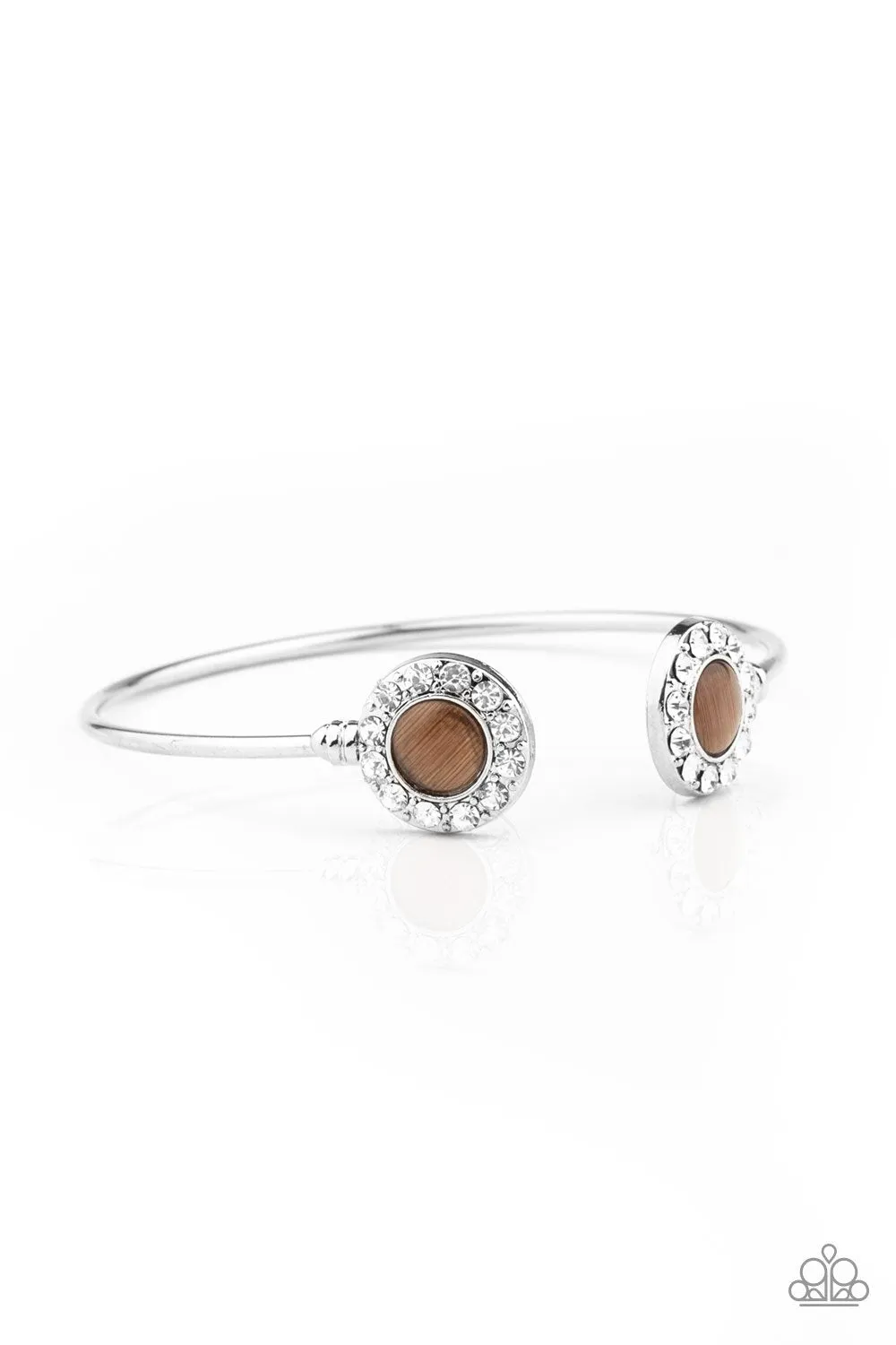 "Instant Illumination" Silver Metal & Brown Cat's Eye Stone Dainty Cuff Bracelet