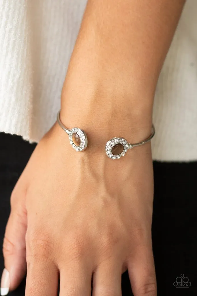 "Instant Illumination" Silver Metal & Brown Cat's Eye Stone Dainty Cuff Bracelet