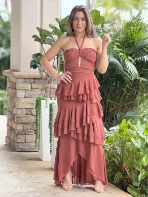 "Isabelle" Halter Ruffles Layers Maxi Dress
