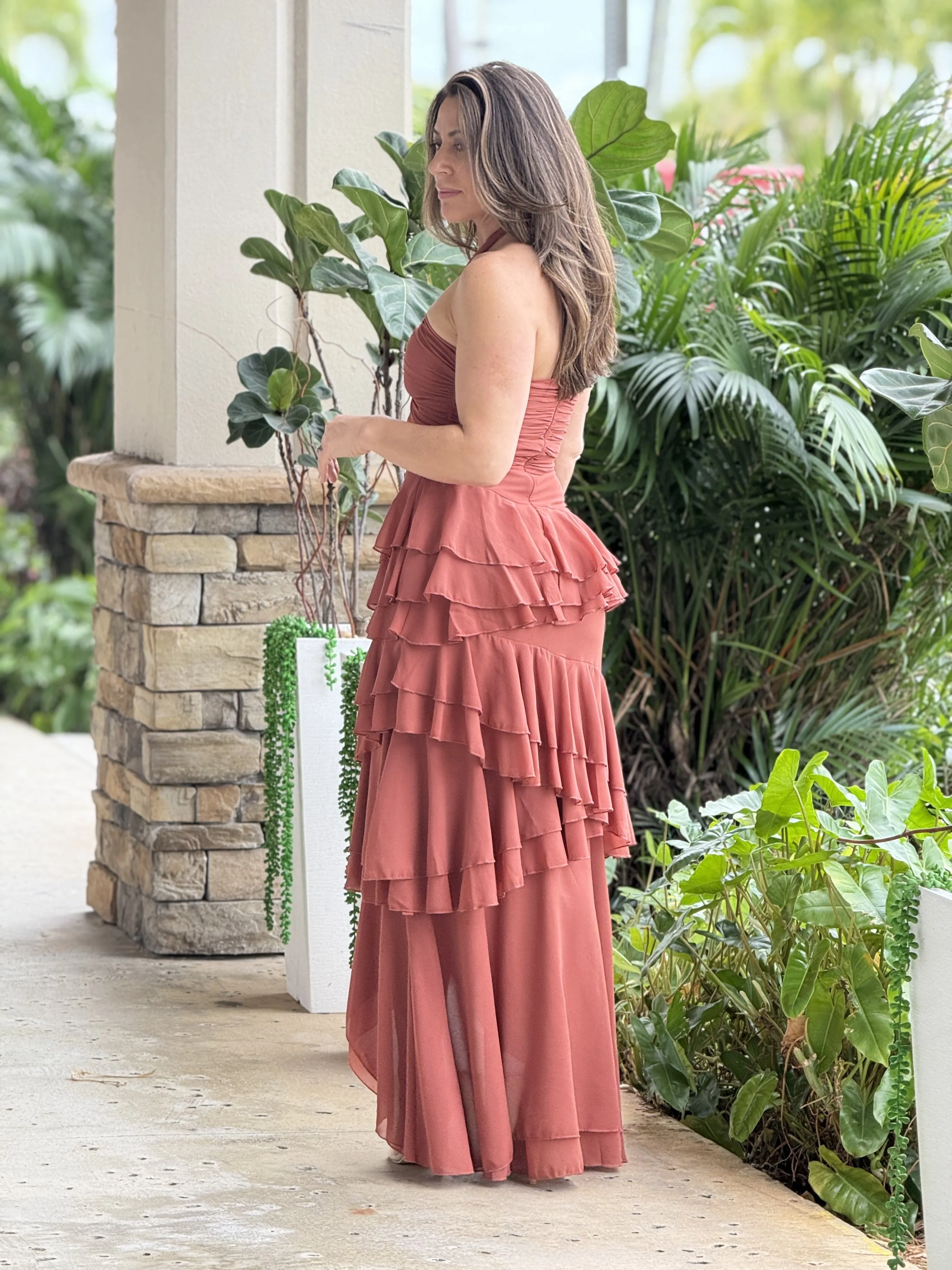 "Isabelle" Halter Ruffles Layers Maxi Dress