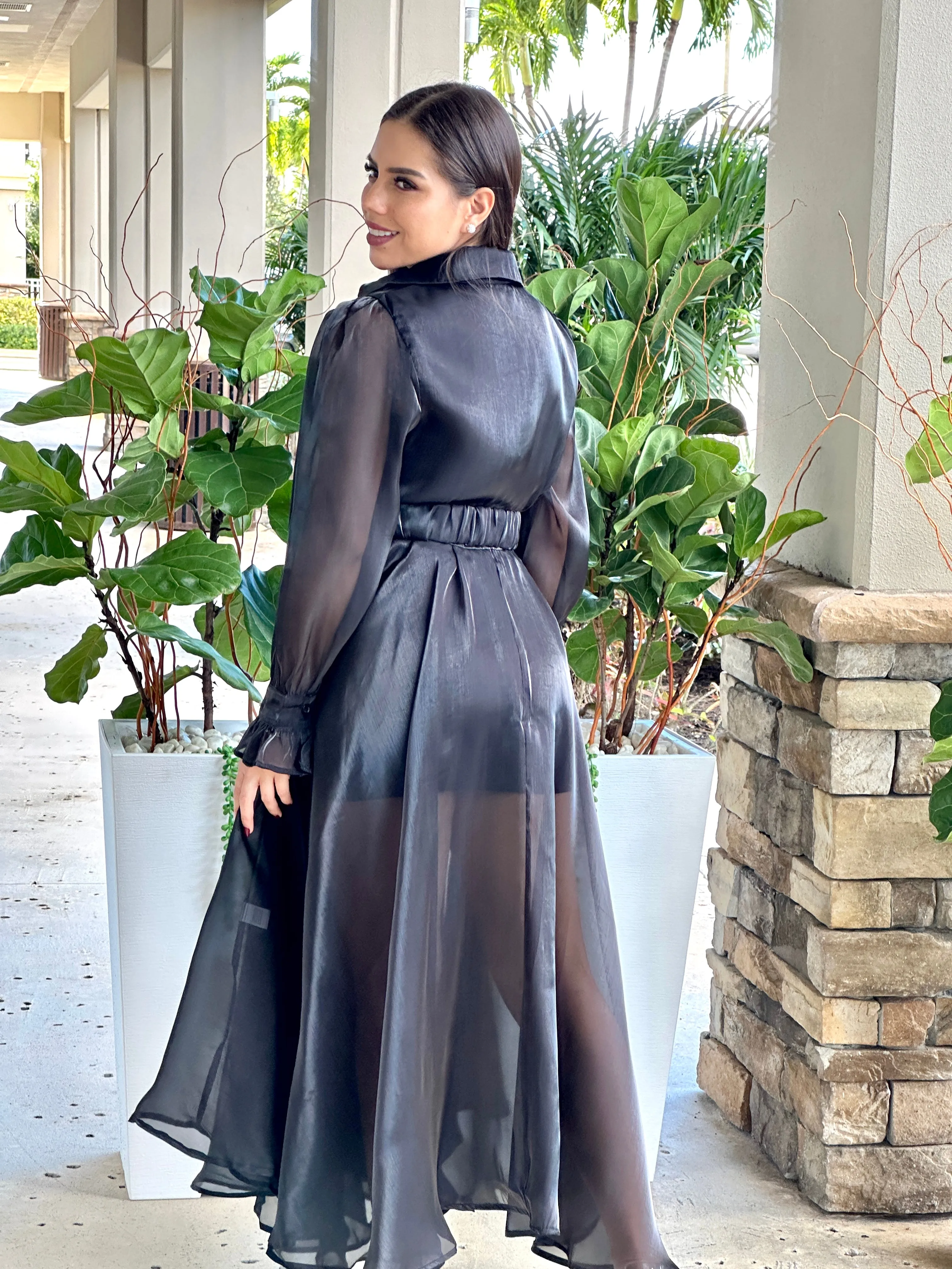 "Katie" Sheer Mesh Long Sleeve Coat Dress With Belt