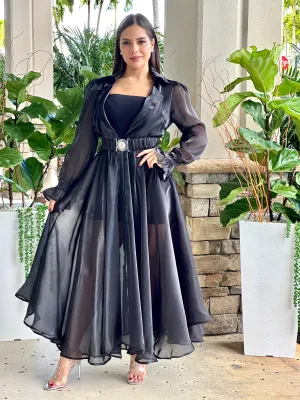 "Katie" Sheer Mesh Long Sleeve Coat Dress With Belt