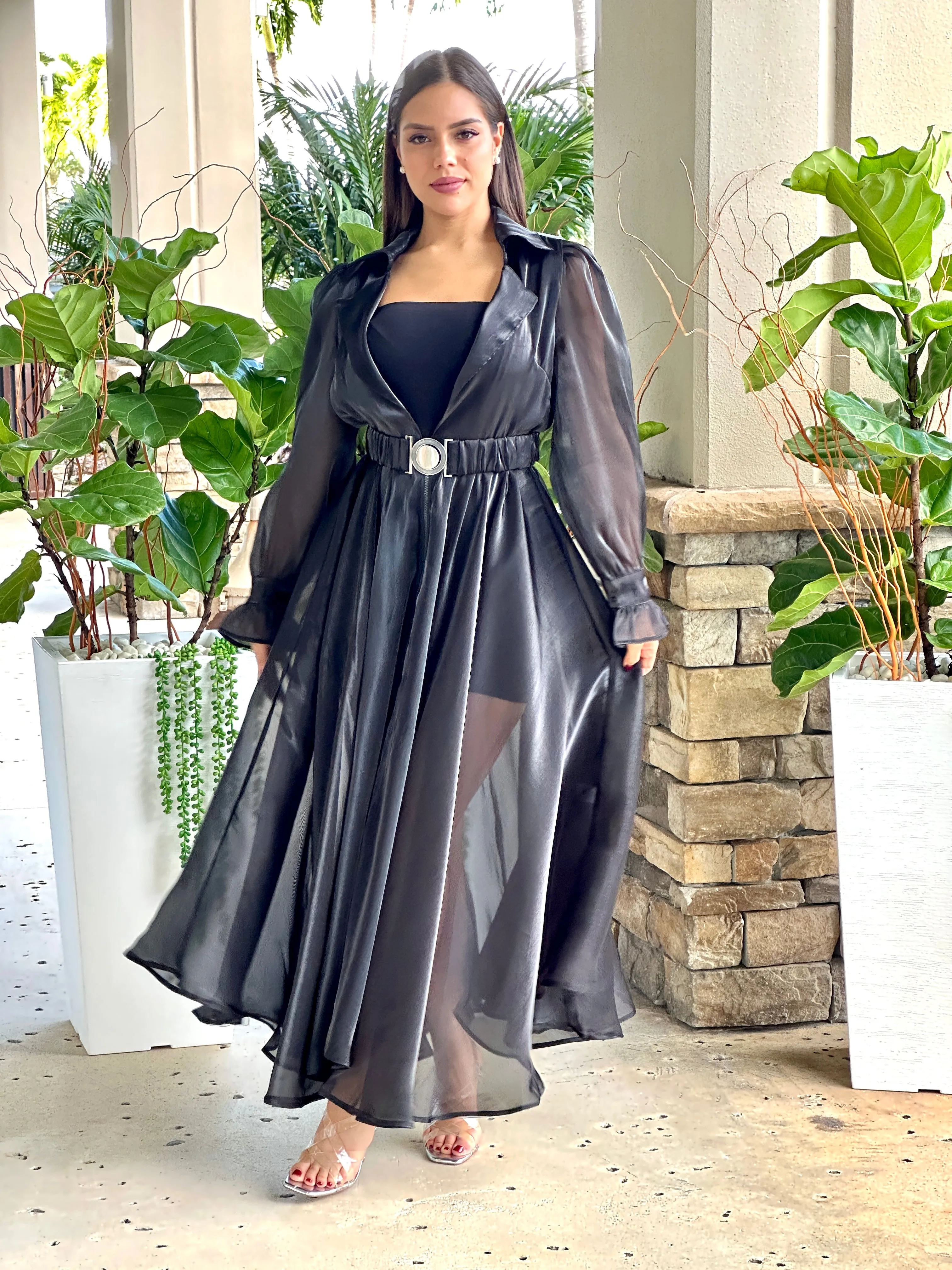 "Katie" Sheer Mesh Long Sleeve Coat Dress With Belt