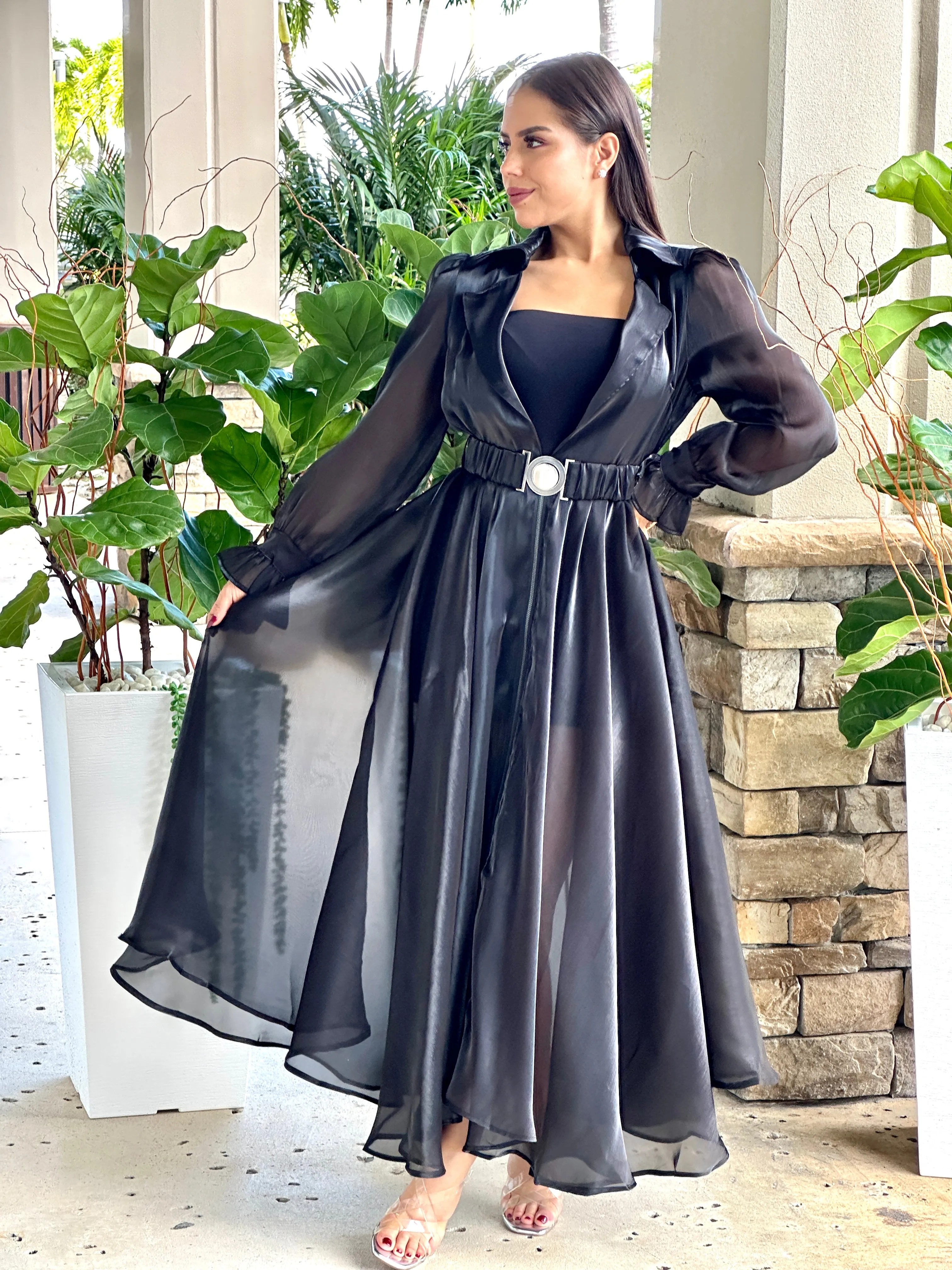 "Katie" Sheer Mesh Long Sleeve Coat Dress With Belt