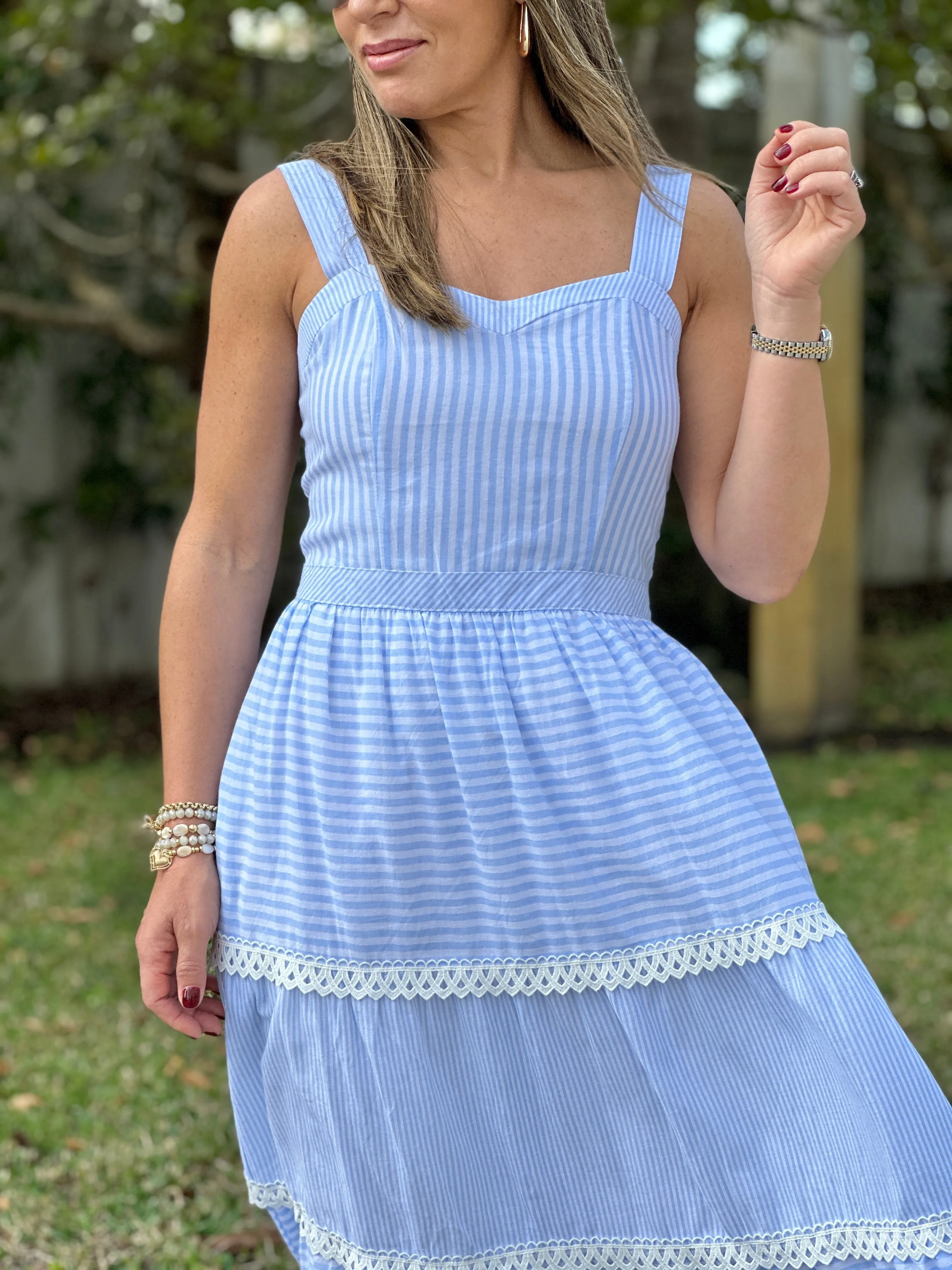 "Layla" Sleeveless Striped Tiered Dress