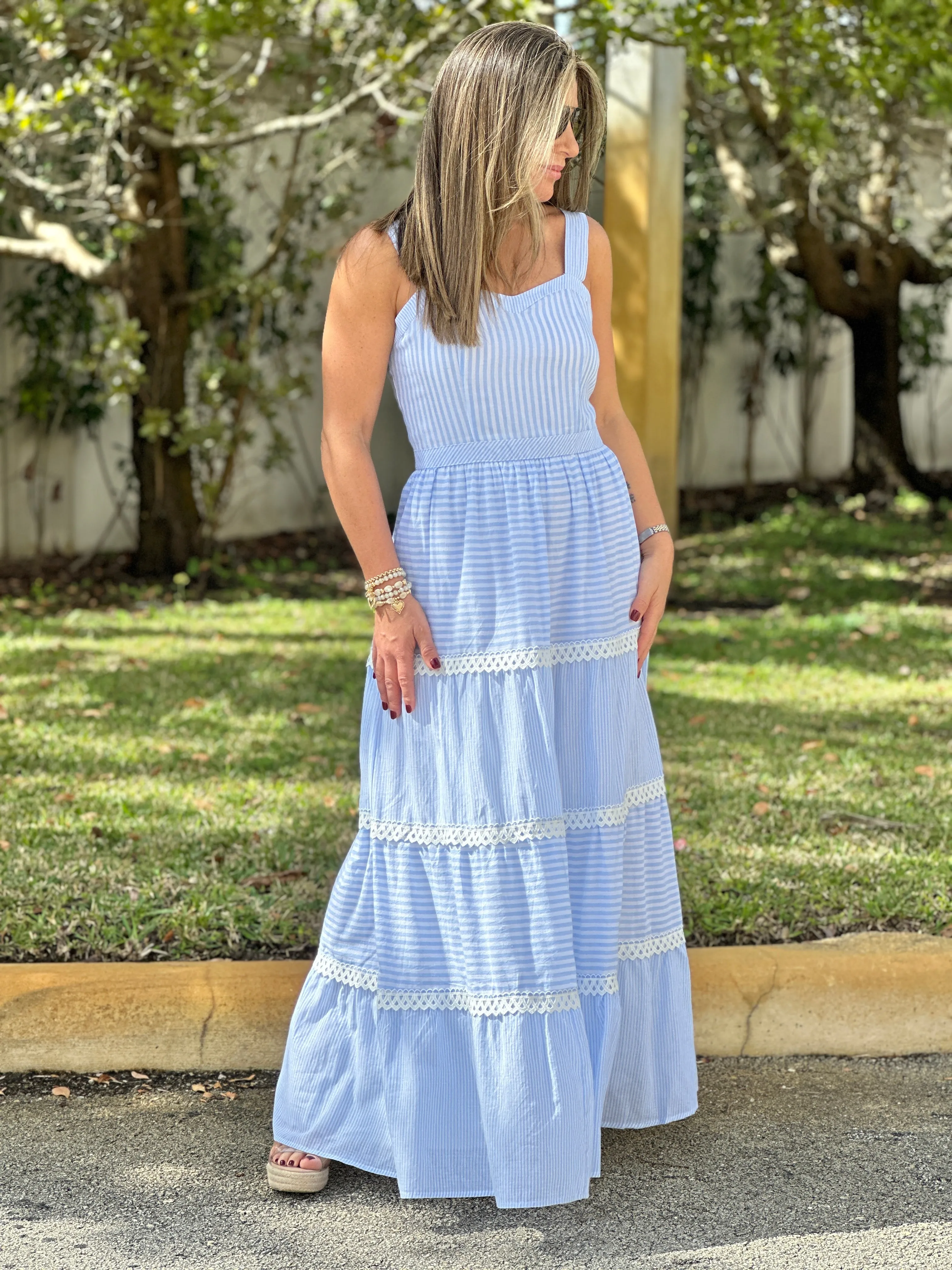 "Layla" Sleeveless Striped Tiered Dress