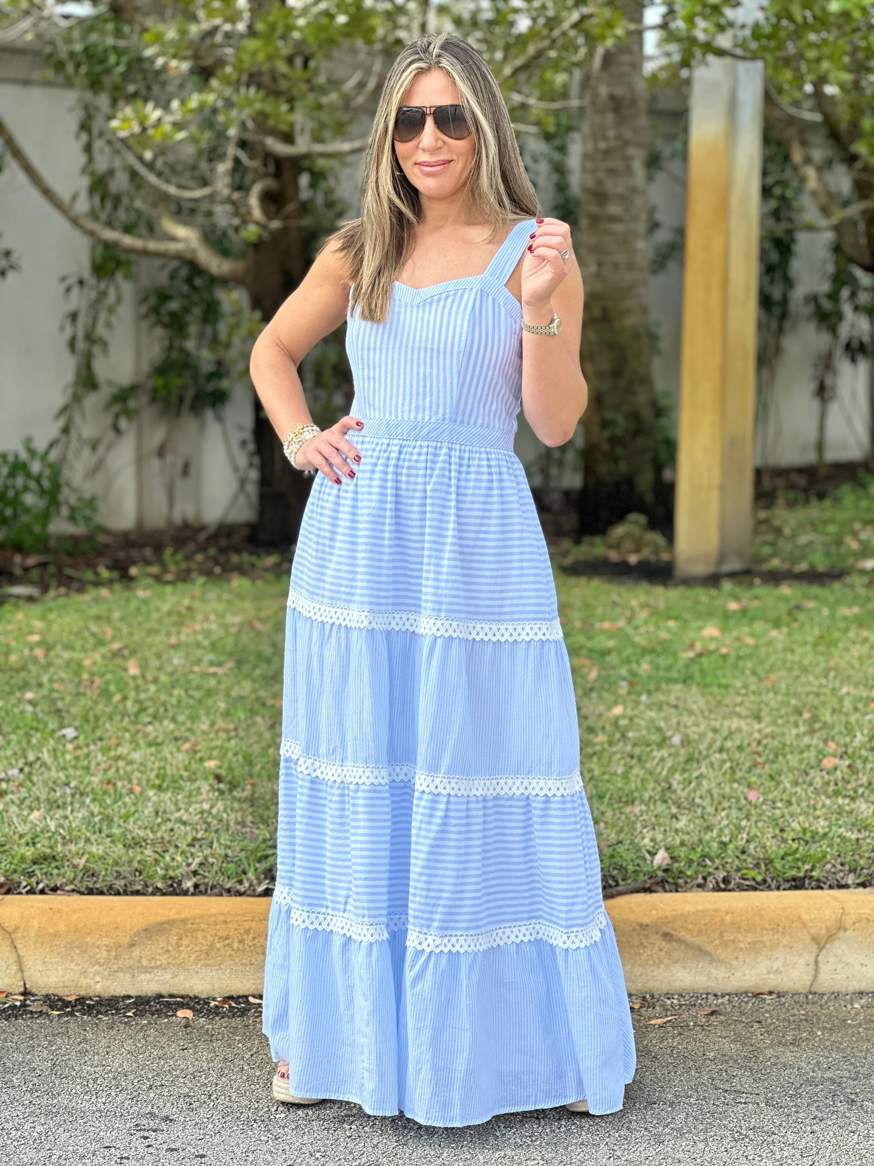 "Layla" Sleeveless Striped Tiered Dress