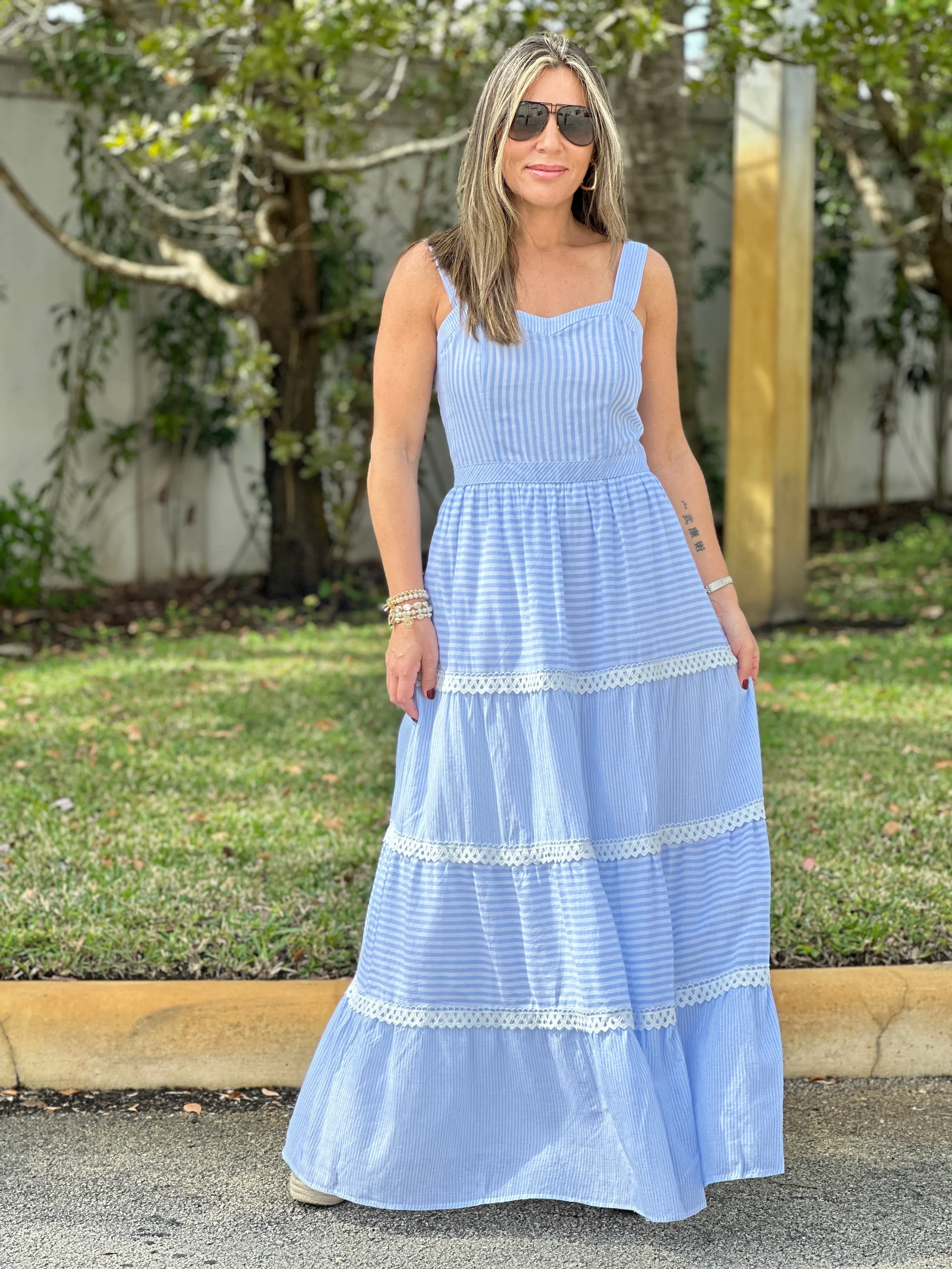"Layla" Sleeveless Striped Tiered Dress