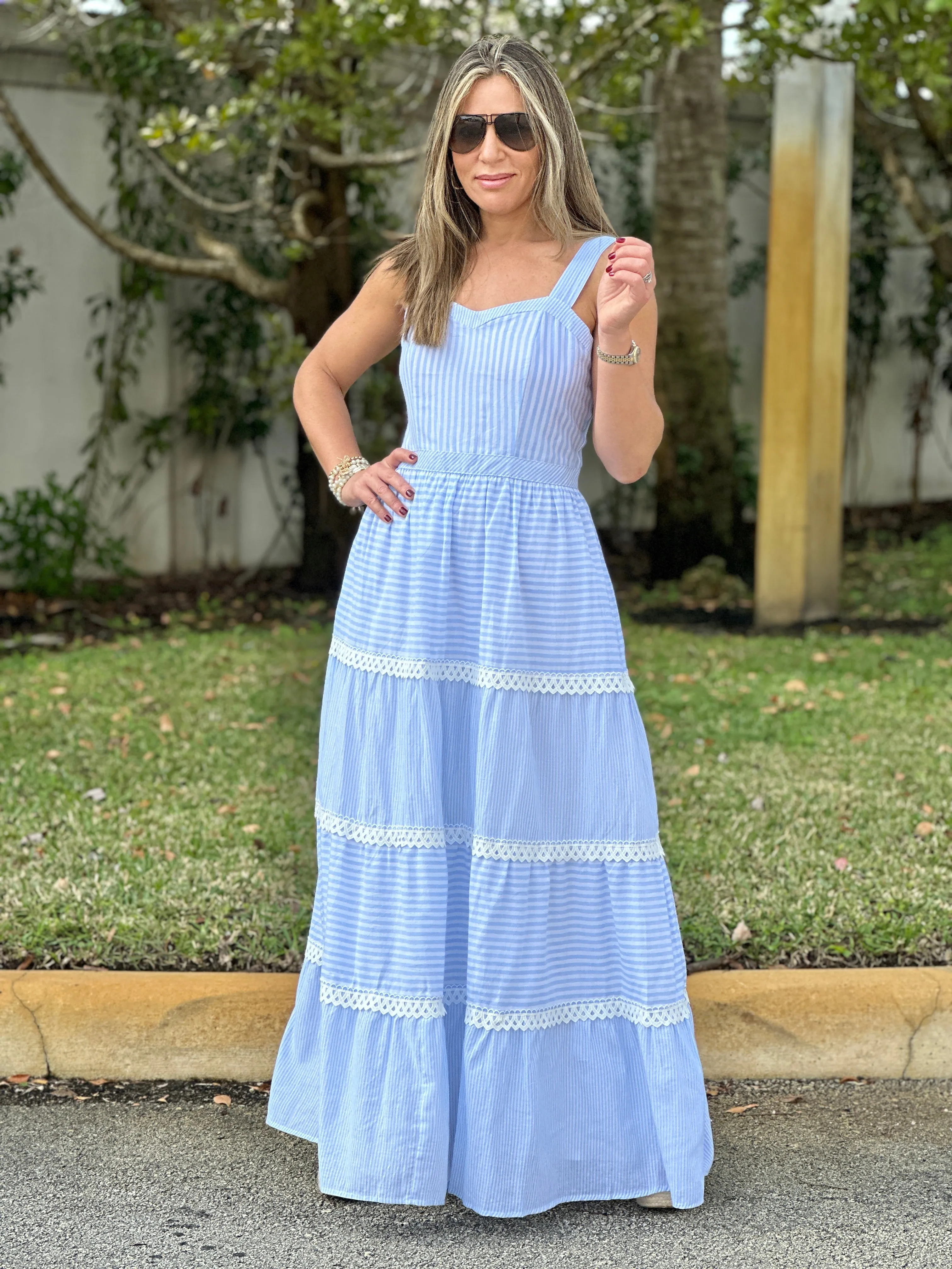 "Layla" Sleeveless Striped Tiered Dress