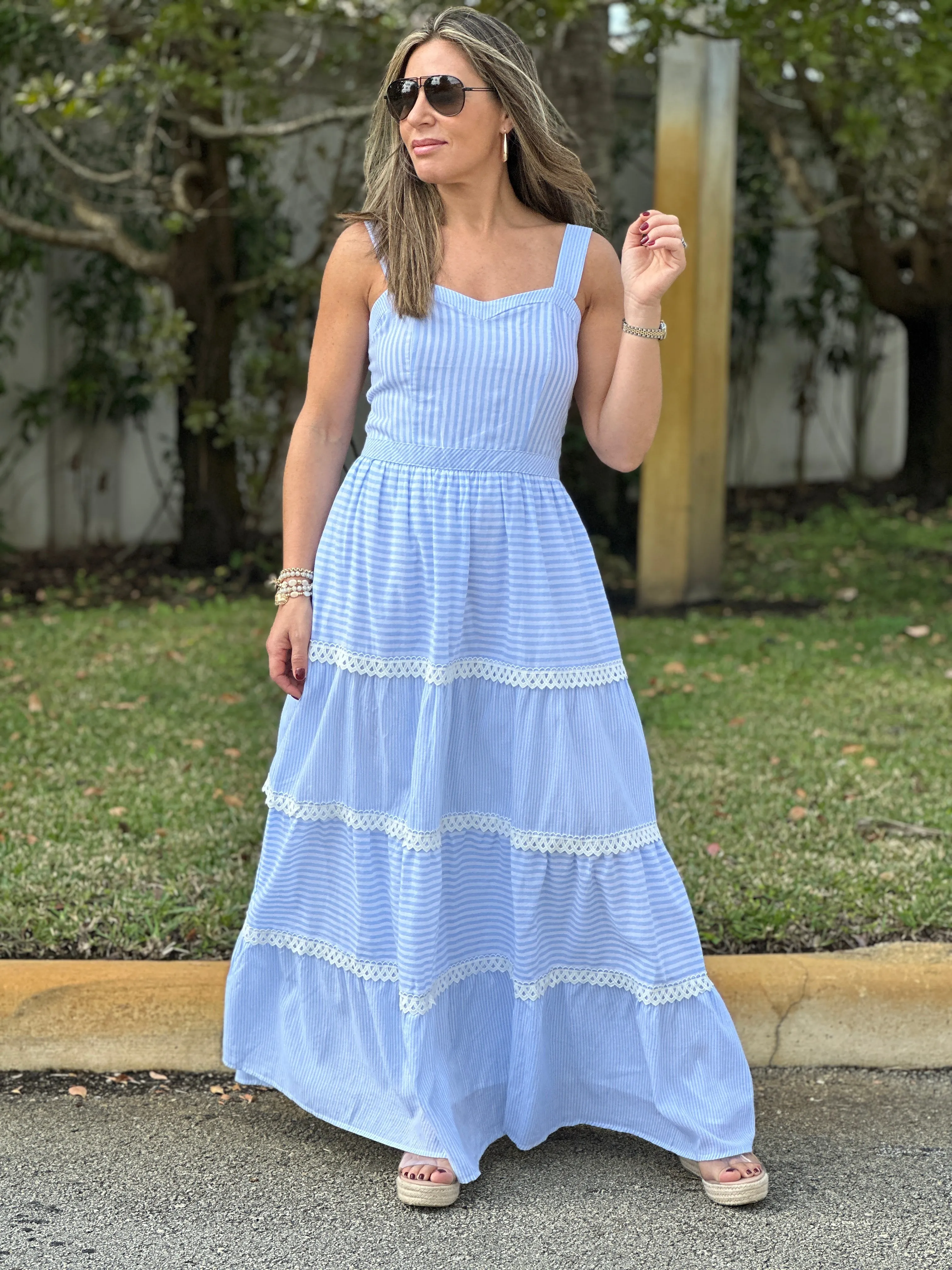"Layla" Sleeveless Striped Tiered Dress