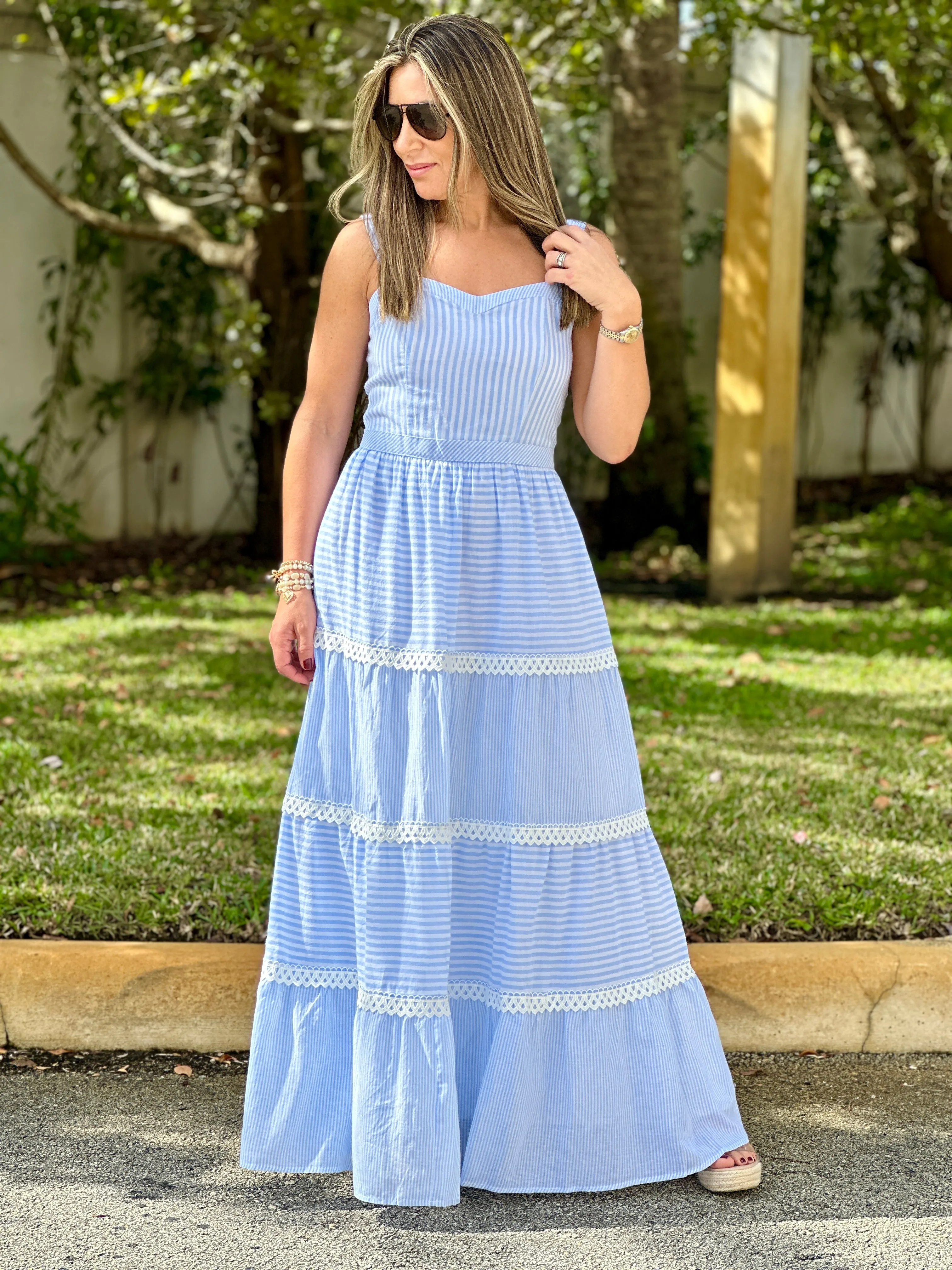 "Layla" Sleeveless Striped Tiered Dress