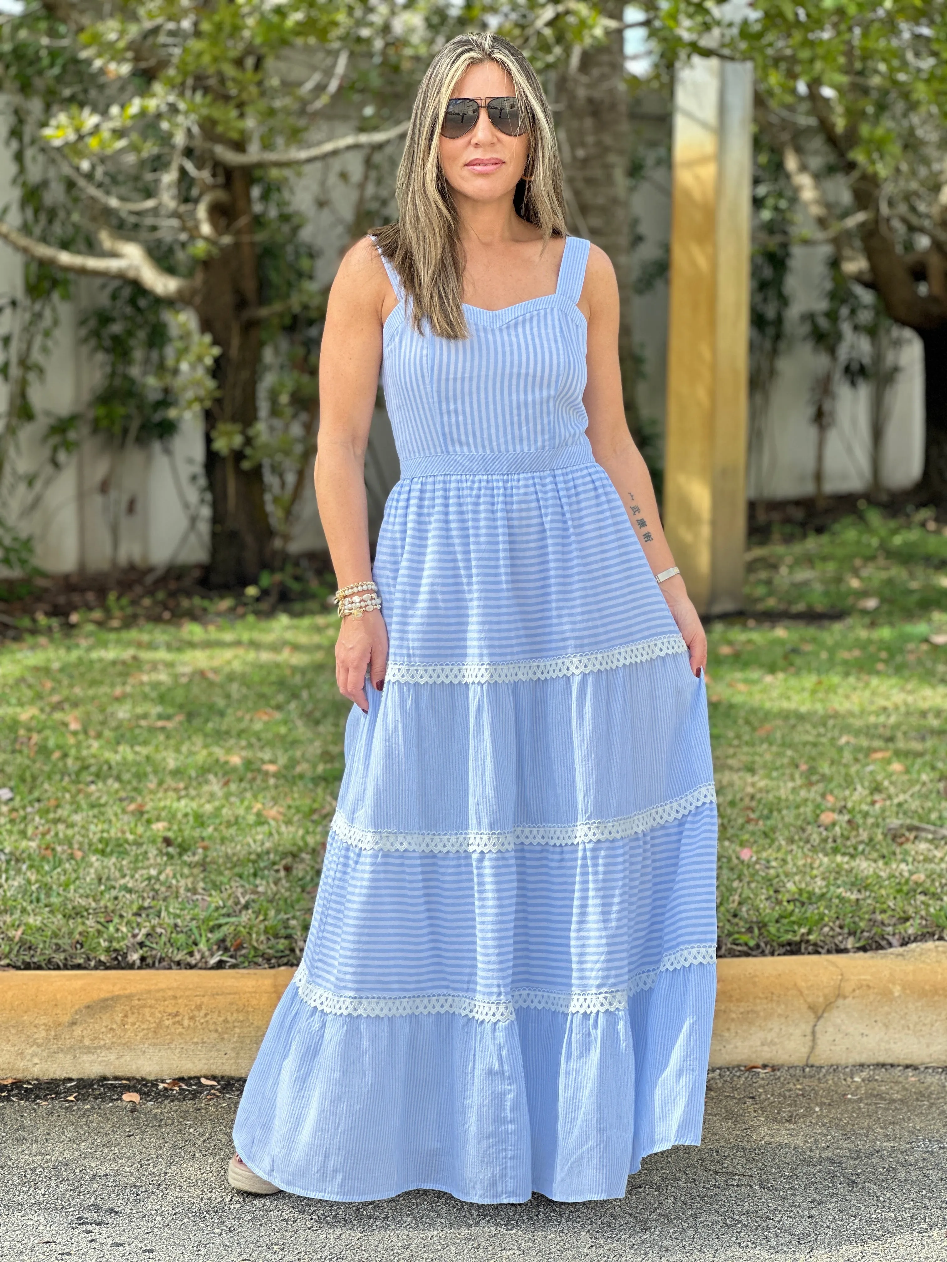 "Layla" Sleeveless Striped Tiered Dress