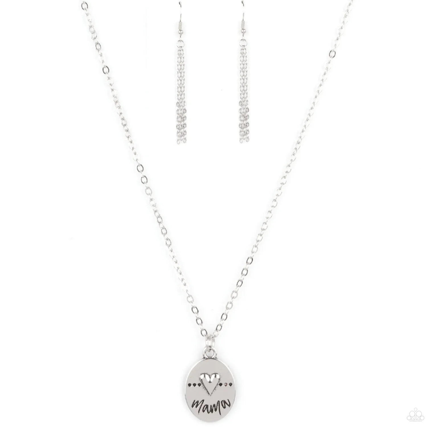 "They Call Me Mama" Dainty Silver Chain That Says "MAMA" With A Heart Accent Necklace Set